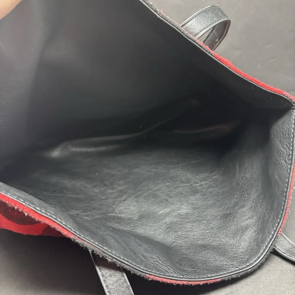 Bass Tote Plaid Reversible Black Red Classic Flannel Faux‎ Leather Large Purse